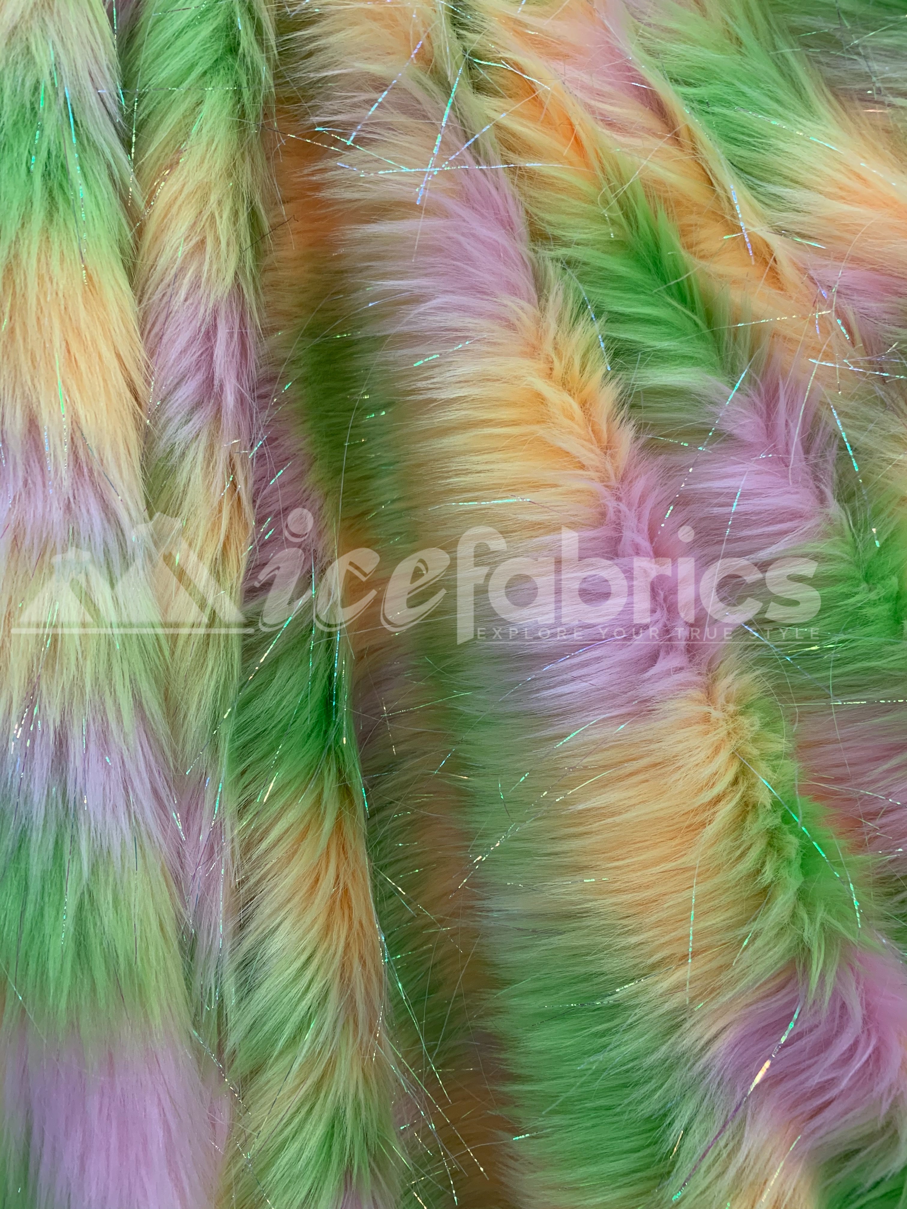 3 Tone Rainbow Tinsel 3.5" long Pile Green, Gold, and White Faux Fur Fabric By The YardICEFABRICICE FABRICSBy The Yard (60 inches Wide)3 Tone Rainbow Tinsel 3.5" long Pile Green, Gold, and White Faux Fur Fabric By The Yard ICEFABRIC