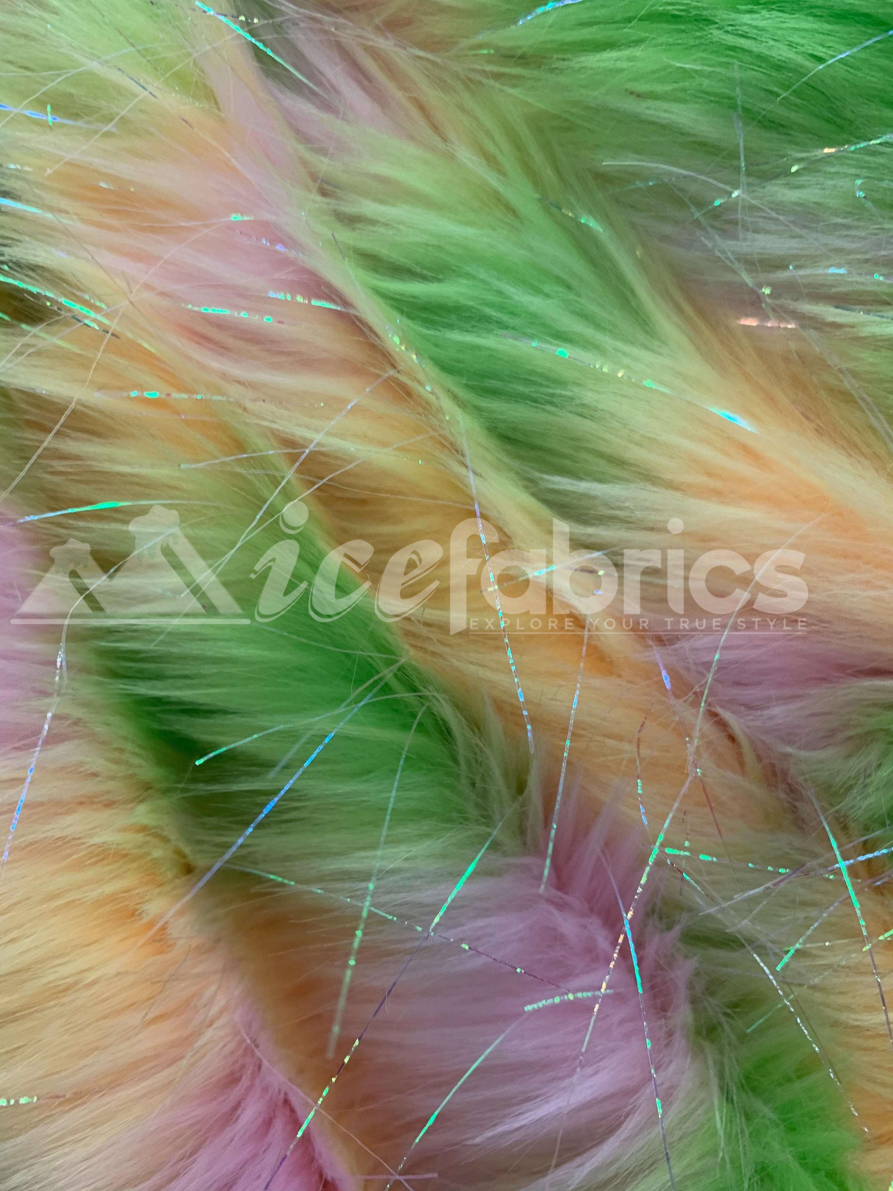 3 Tone Rainbow Tinsel 3.5" long Pile Green, Gold, and White Faux Fur Fabric By The YardICEFABRICICE FABRICSBy The Yard (60 inches Wide)3 Tone Rainbow Tinsel 3.5" long Pile Green, Gold, and White Faux Fur Fabric By The Yard ICEFABRIC