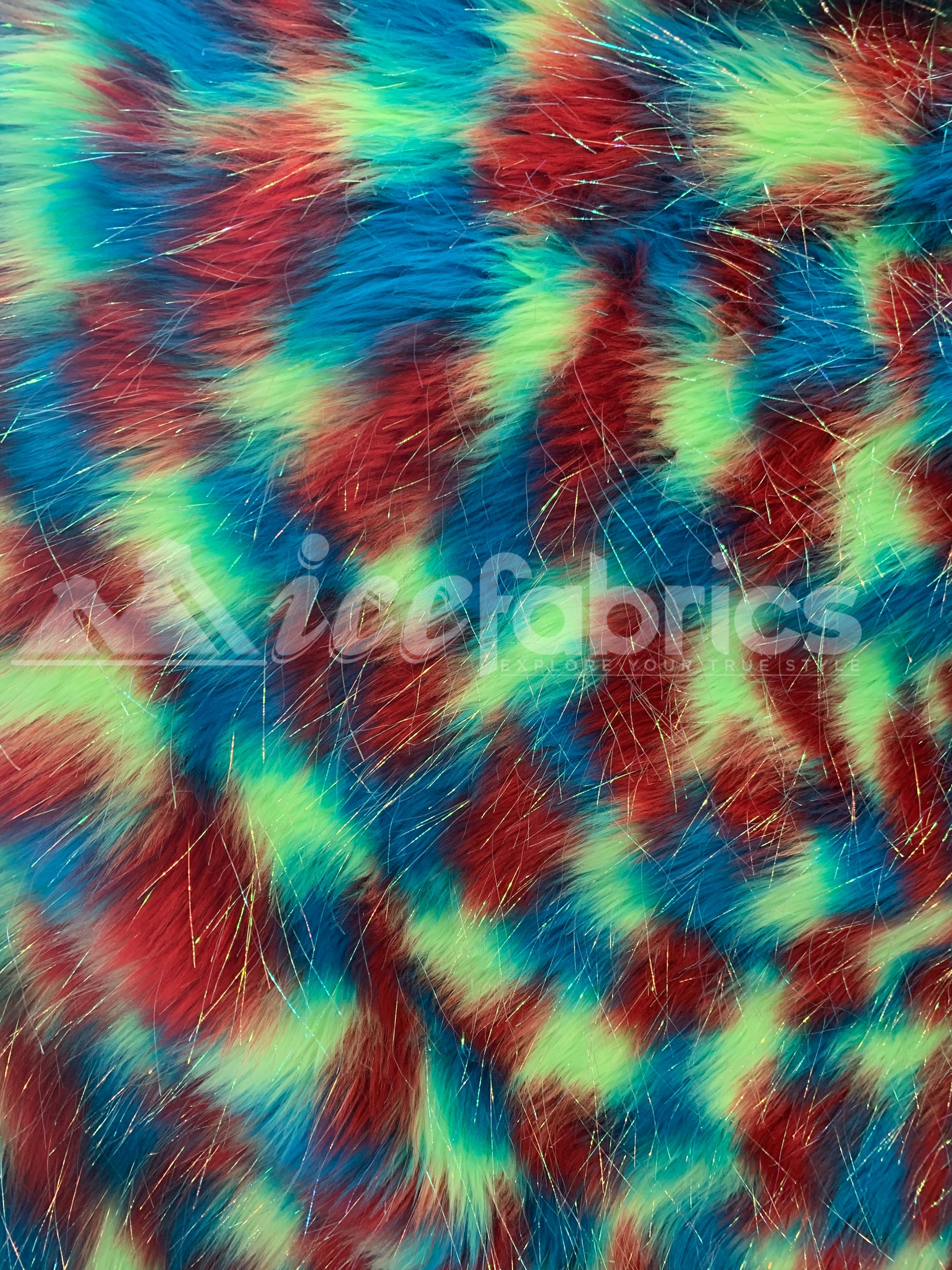 3 Tone Rainbow Tinsel 3.5" long Pile Red, Blue, and Green Faux Fur Fabric By The YardICEFABRICICE FABRICSBy The Yard (60 inches Wide)3 Tone Rainbow Tinsel 3.5" long Pile Red, Blue, and Green Faux Fur Fabric By The Yard ICEFABRIC