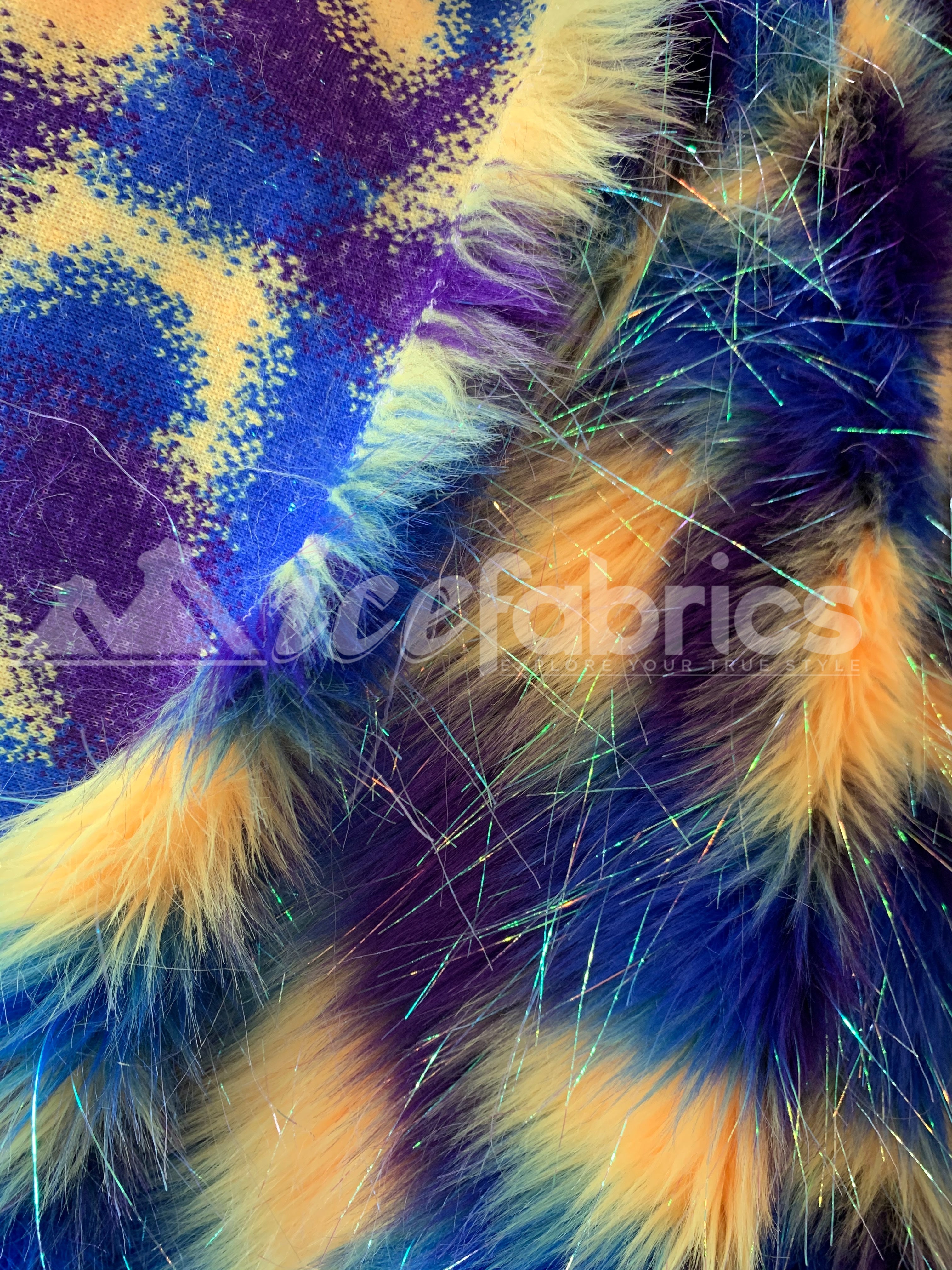 3 Tone Rainbow Tinsel 3.5" long Pile Blue, Yellow, and Purple Faux Fur Fabric By The YardICEFABRICICE FABRICSBy The Yard (60 inches Wide)3 Tone Rainbow Tinsel 3.5" long Pile Blue, Yellow, and Purple Faux Fur Fabric By The Yard ICEFABRIC