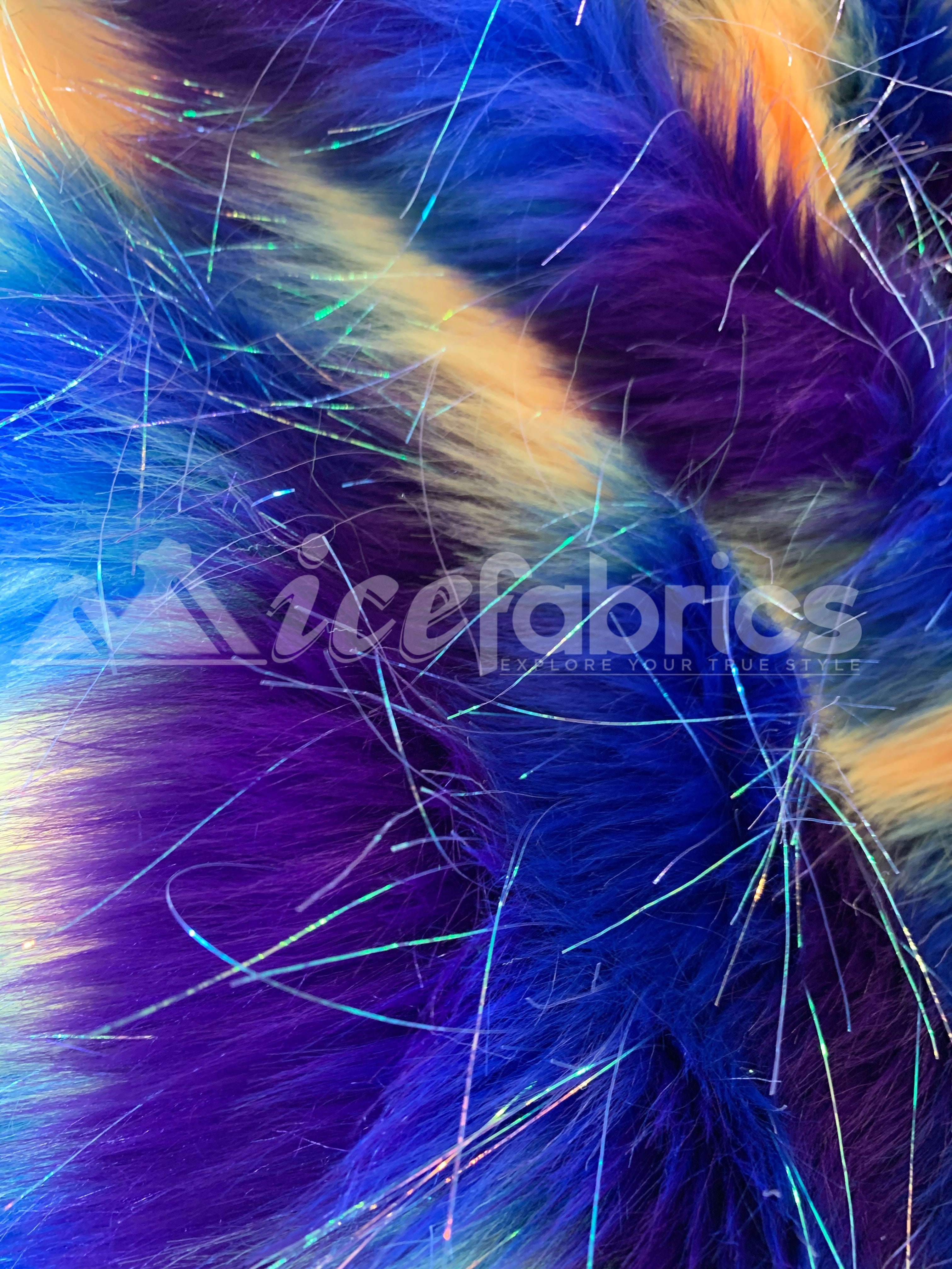 3 Tone Rainbow Tinsel 3.5" long Pile Blue, Yellow, and Purple Faux Fur Fabric By The YardICEFABRICICE FABRICSBy The Yard (60 inches Wide)3 Tone Rainbow Tinsel 3.5" long Pile Blue, Yellow, and Purple Faux Fur Fabric By The Yard ICEFABRIC