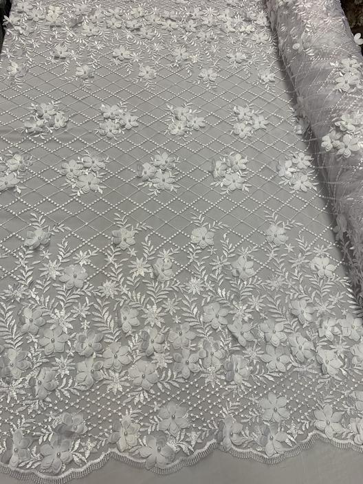 3D Floral Pearl Beaded Embroidery Lace Fabric | Mesh FabricICEFABRICICE FABRICSWhite3D Floral Pearl Beaded Embroidery Lace Fabric | Mesh Fabric ICEFABRIC |White