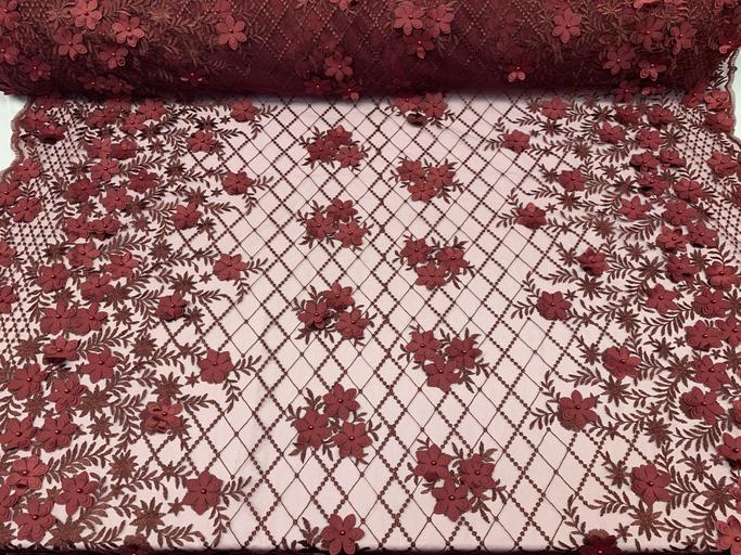 3D Floral Pearl Beaded Embroidery Lace Fabric | Mesh FabricICEFABRICICE FABRICSWhite3D Floral Pearl Beaded Embroidery Lace Fabric | Mesh Fabric ICEFABRIC |Burgundy