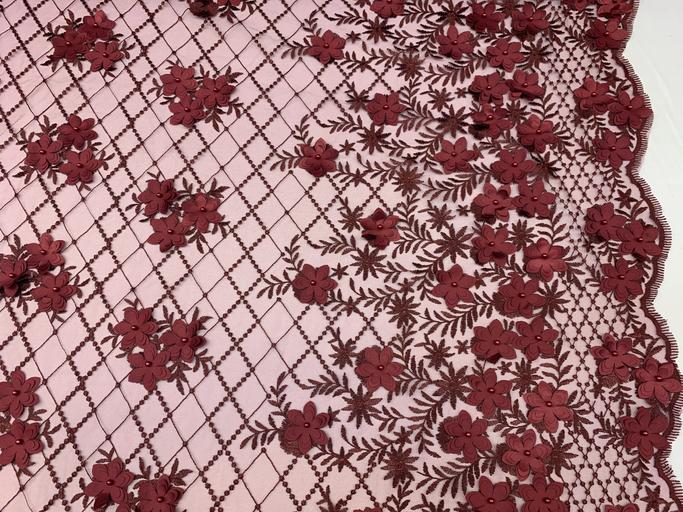 3D Floral Pearl Beaded Embroidery Lace Fabric | Mesh FabricICEFABRICICE FABRICSWhite3D Floral Pearl Beaded Embroidery Lace Fabric | Mesh Fabric ICEFABRIC |Burgundy