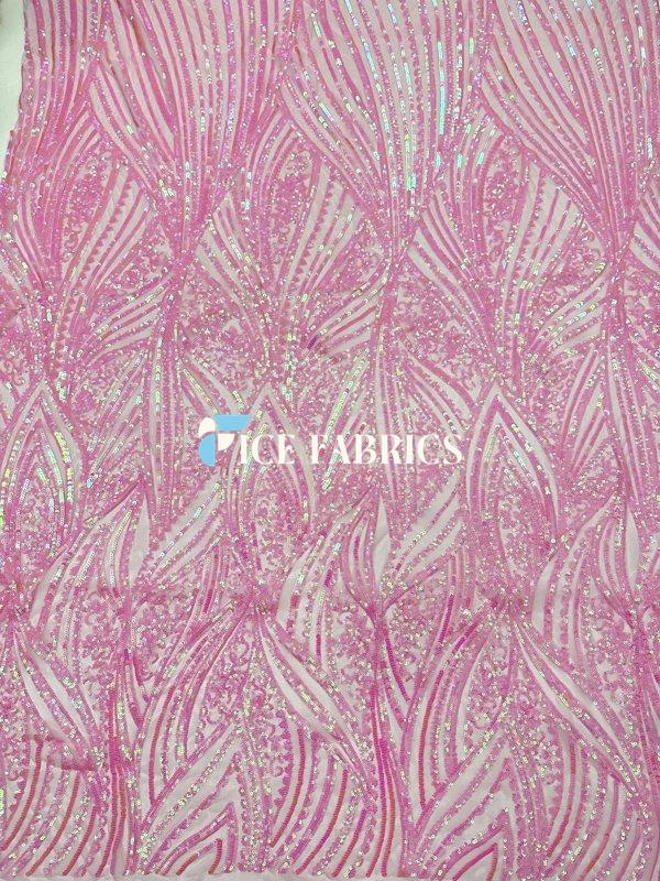 Iridescent Pink Damask Stretch Sequin Fabric On Mesh