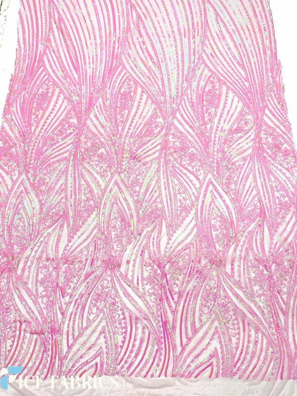 Iridescent Pink Damask Stretch Sequin Fabric On Mesh