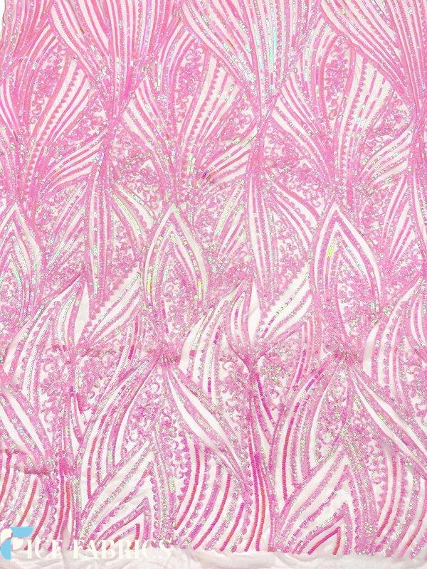 Iridescent Pink Damask Stretch Sequin Fabric On Mesh