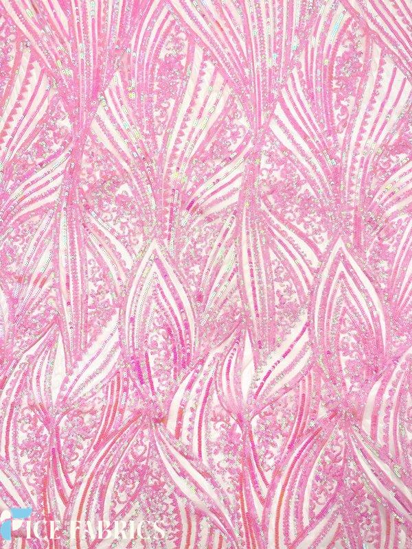 Iridescent Pink Damask Stretch Sequin Fabric On Mesh