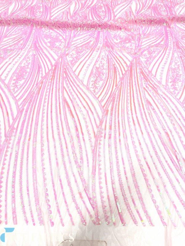 Iridescent Pink Damask Stretch Sequin Fabric On Mesh