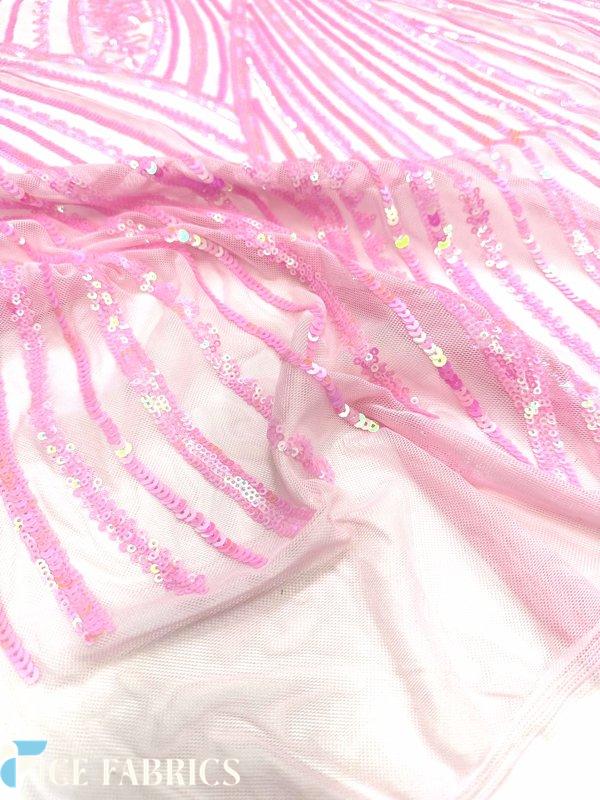 Iridescent Pink Damask Stretch Sequin Fabric On Mesh