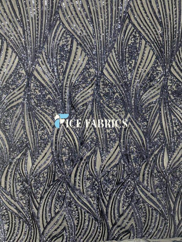 Navy Blue Damask Stretch Sequin Fabric On Mesh