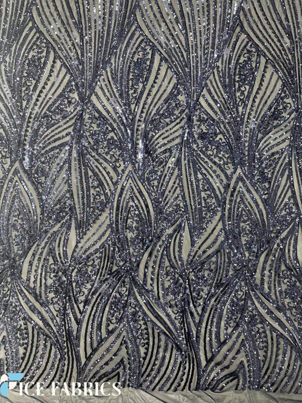 Navy Blue Damask Stretch Sequin Fabric On Mesh