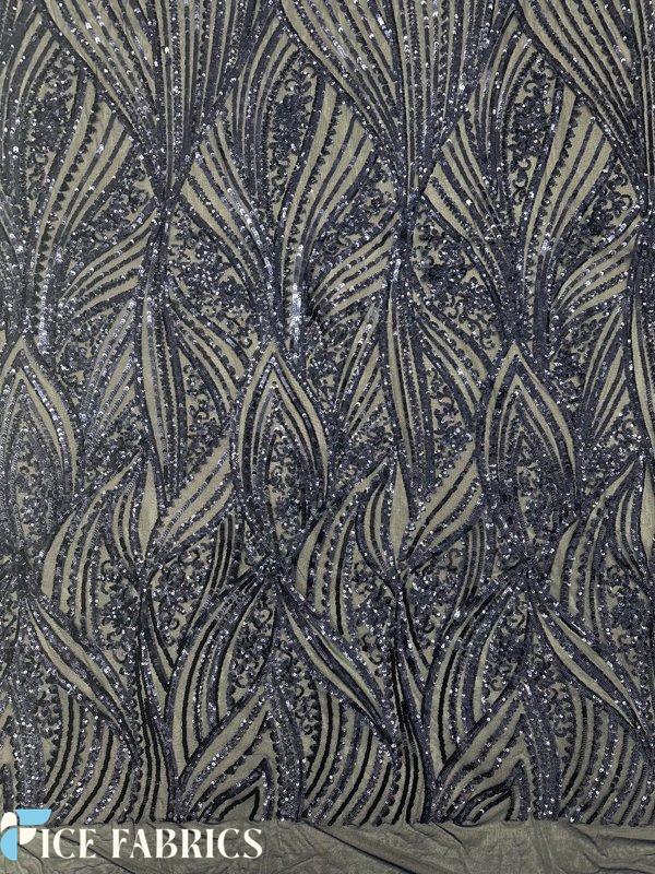 Navy Blue Damask Stretch Sequin Fabric On Mesh