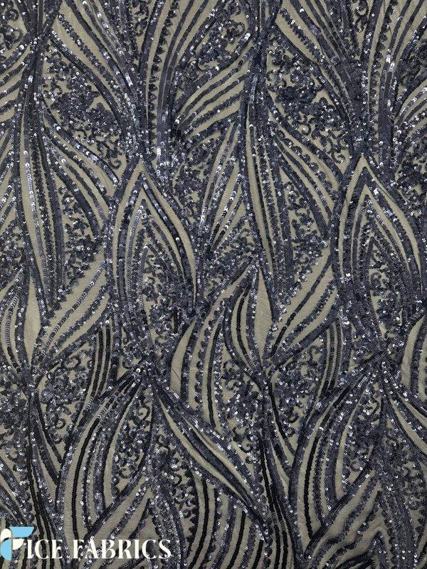 Navy Blue Damask Stretch Sequin Fabric On Mesh