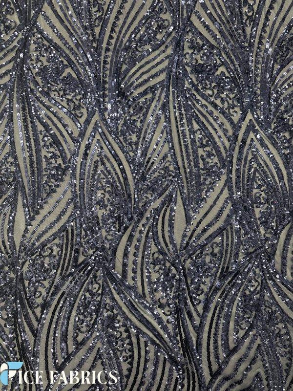 Navy Blue Damask Stretch Sequin Fabric On Mesh