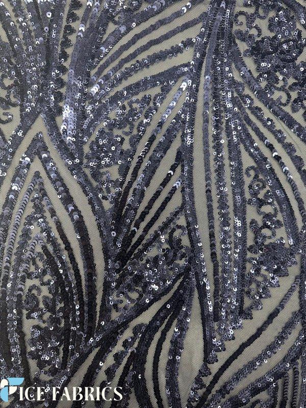 Navy Blue Damask Stretch Sequin Fabric On Mesh