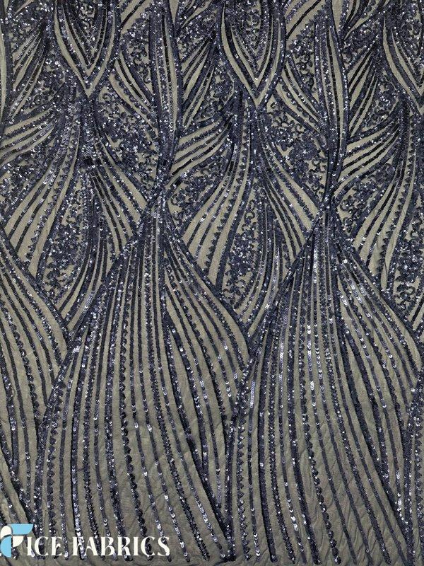 Navy Blue Damask Stretch Sequin Fabric On Mesh