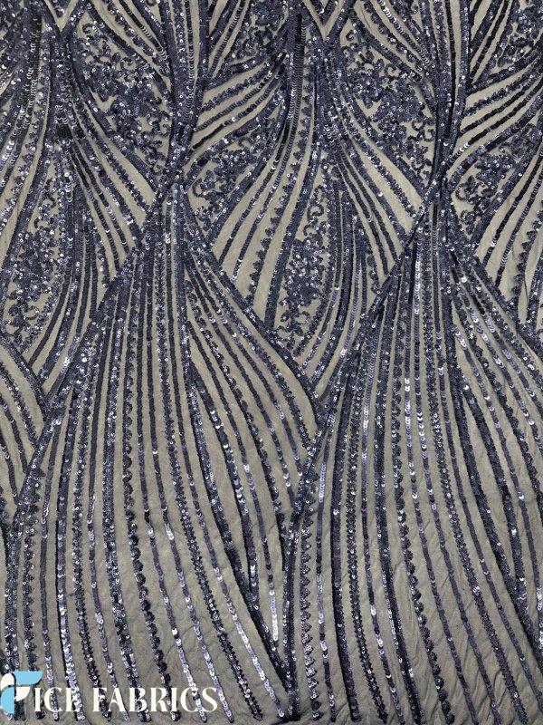 Navy Blue Damask Stretch Sequin Fabric On Mesh