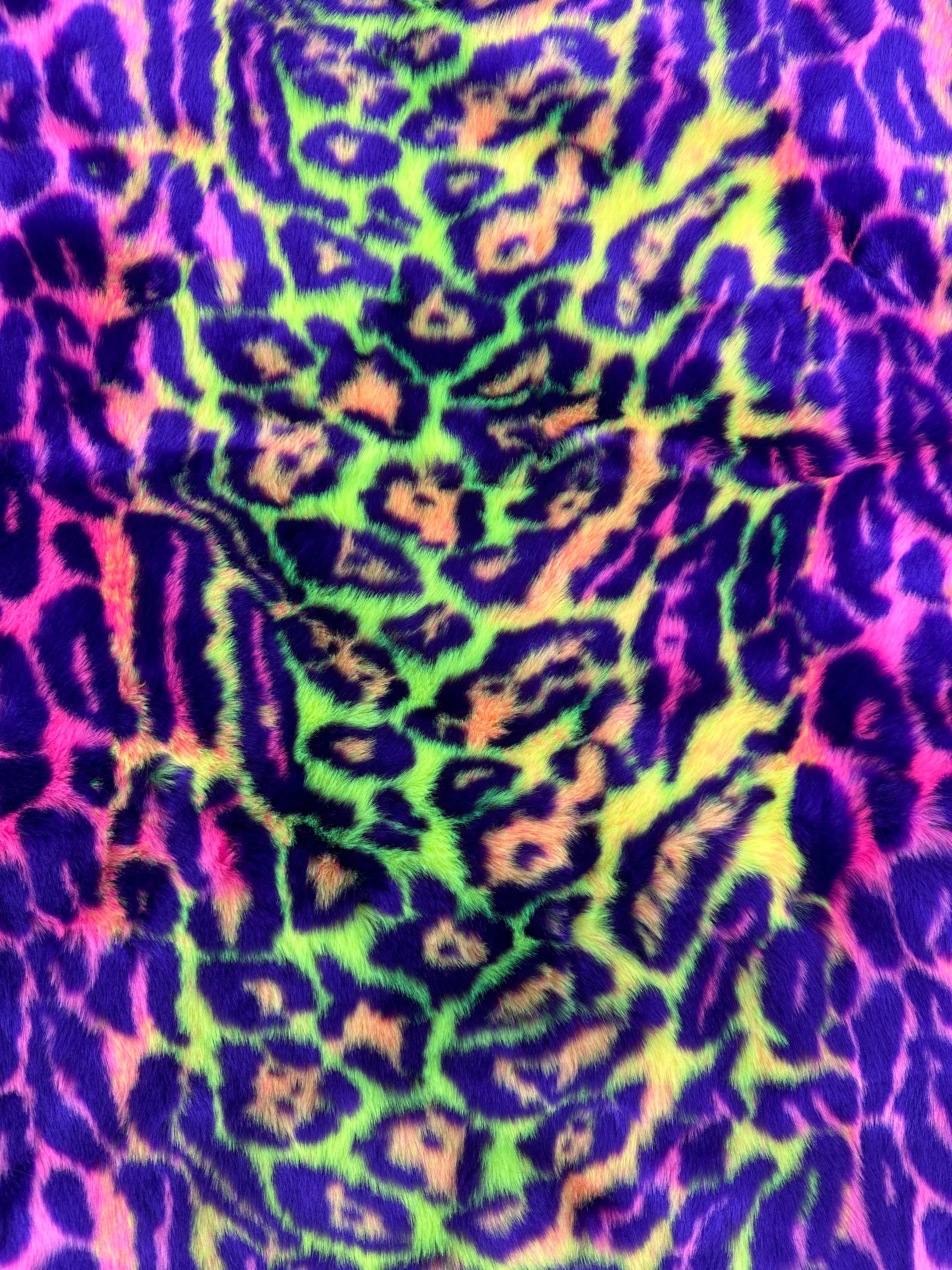 Neon Green Purple Leopard Short pile Faux Fur Fabric By The Yard