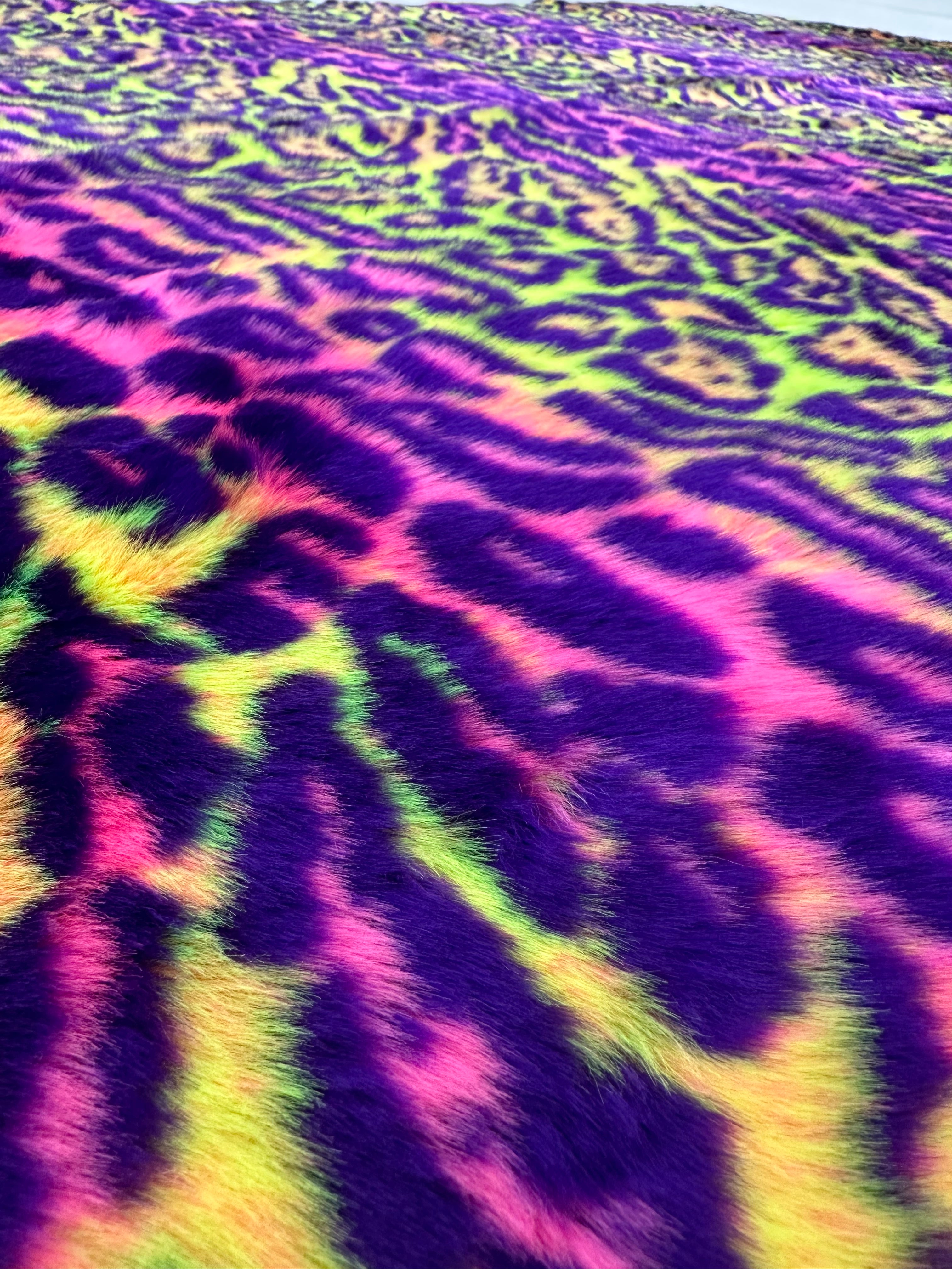 Neon Green Purple Leopard Short pile Faux Fur Fabric By The Yard