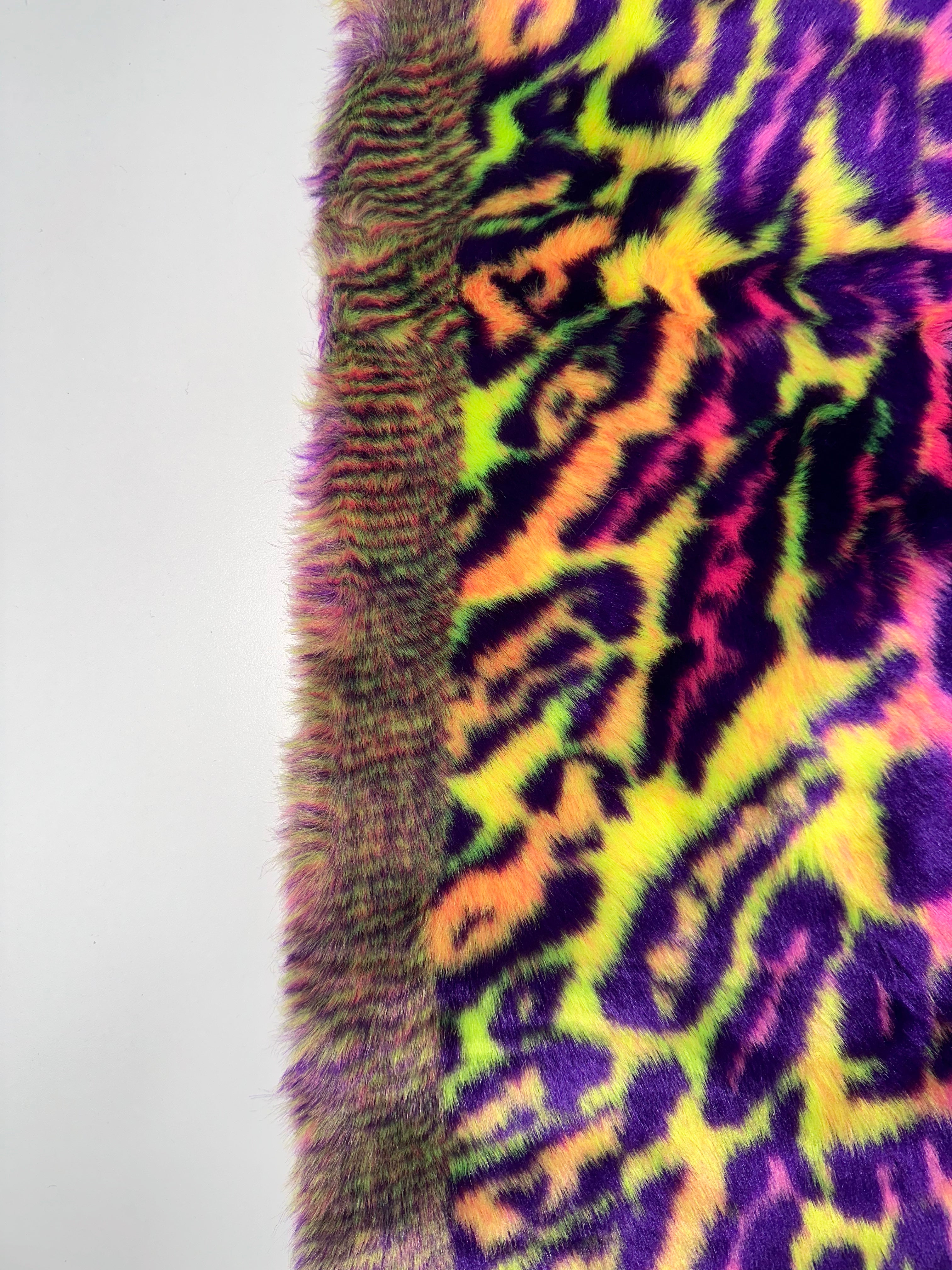 Neon Green Purple Leopard Short pile Faux Fur Fabric By The Yard