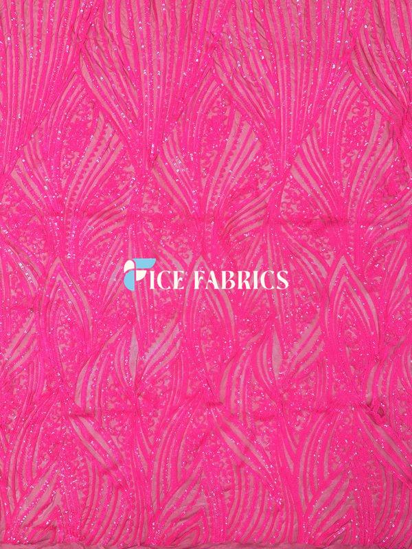 Neon Pink Damask Stretch Sequin Fabric On Mesh