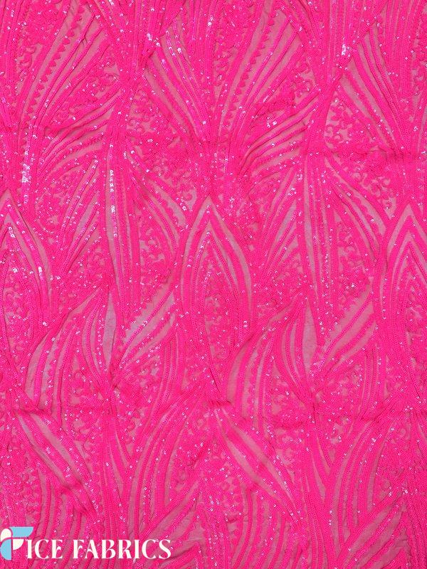 Neon Pink Damask Stretch Sequin Fabric On Mesh