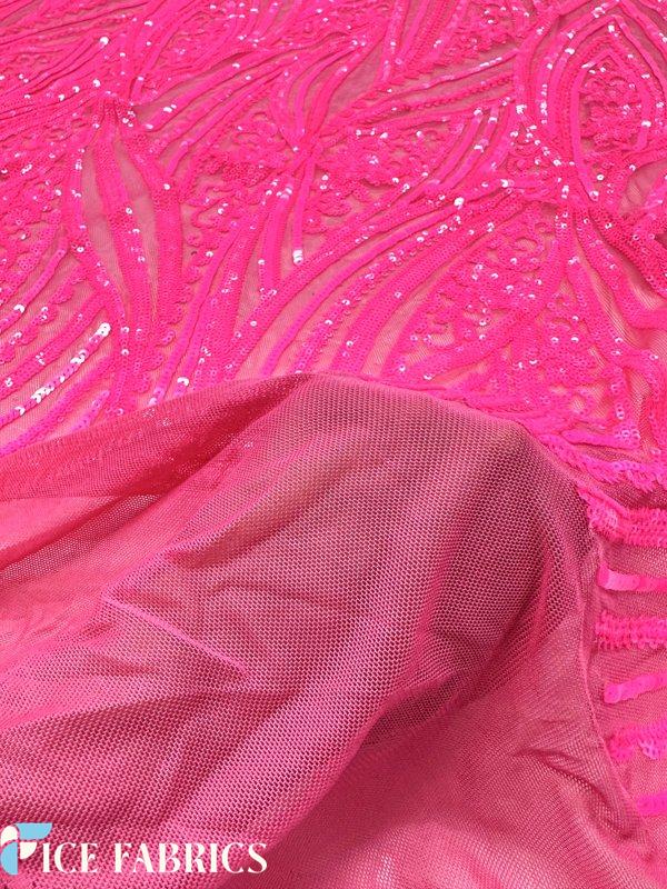 Neon Pink Damask Stretch Sequin Fabric On Mesh