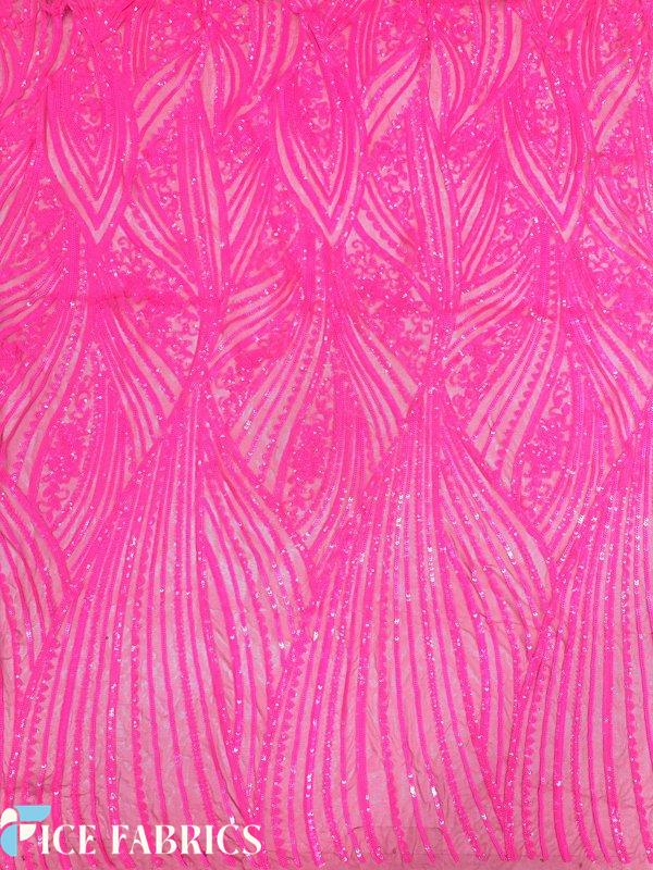 Neon Pink Damask Stretch Sequin Fabric On Mesh