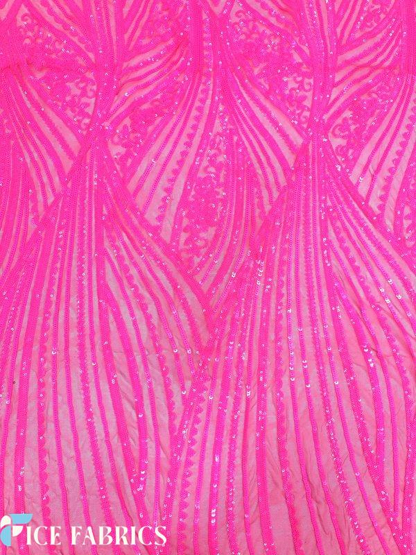 Neon Pink Damask Stretch Sequin Fabric On Mesh