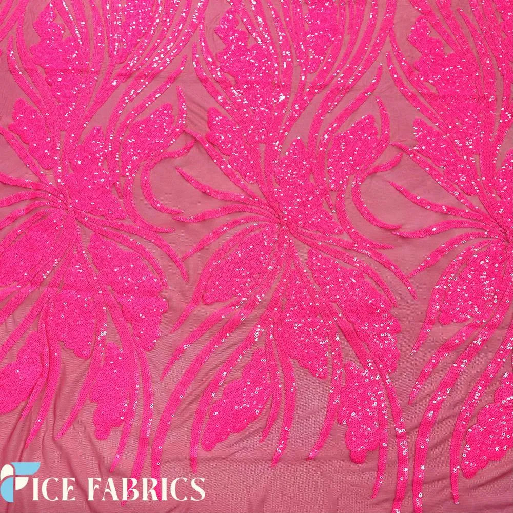 Neon Pink Feather Stretch Sequin Fabric Wholesale