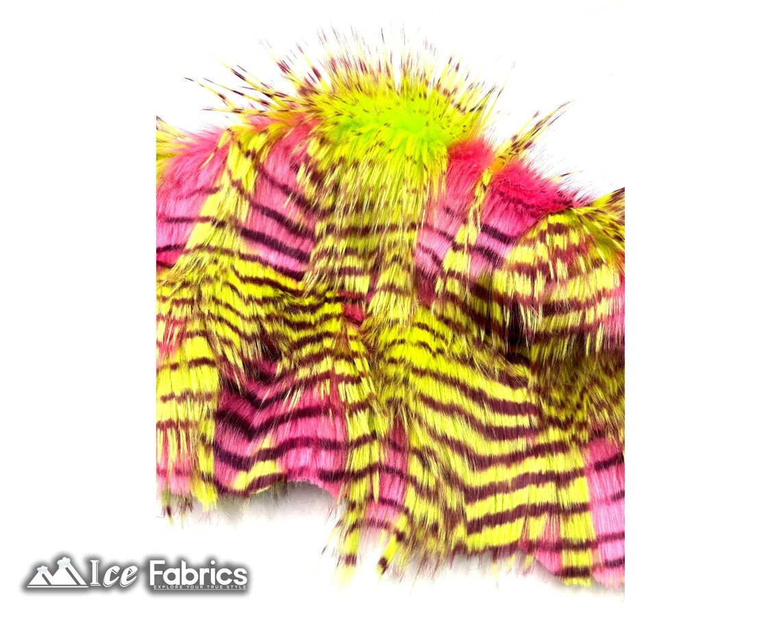 Neon Pink Faux Fake Fur Feathered Bird Long Pile Fabric | Faux Fur Material