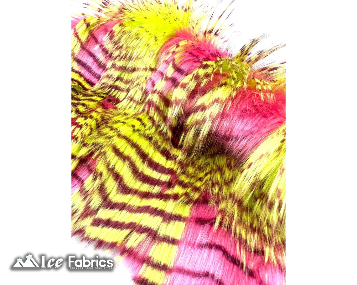 Neon Pink Faux Fake Fur Feathered Bird Long Pile Fabric | Faux Fur Material