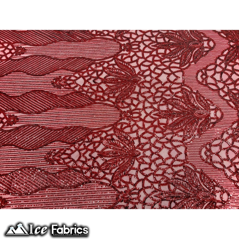New Geometric 4 Way Stretch Sequin Fabric (20 Colors) ICE FABRICS Burgundy