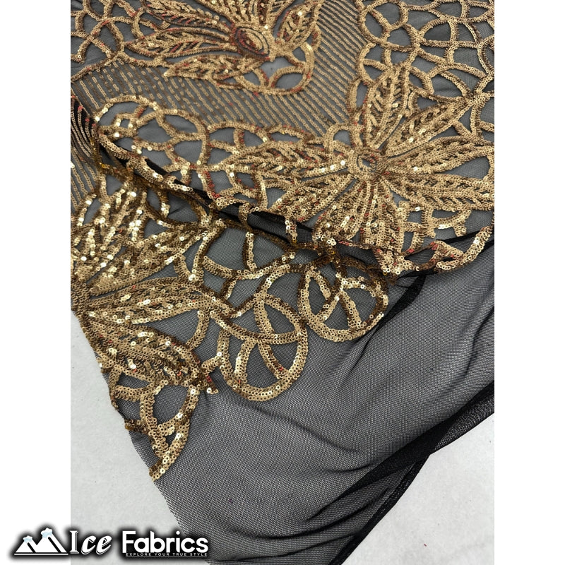New Geometric 4 Way Stretch Sequin Fabric (20 Colors) ICE FABRICS Gold on Black