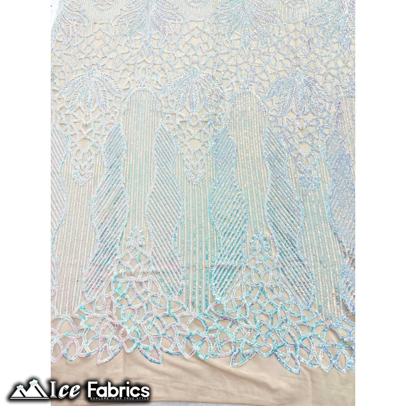 New Geometric 4 Way Stretch Sequin Fabric (20 Colors) ICE FABRICS Iridescent Baby Blue on Nude Mesh