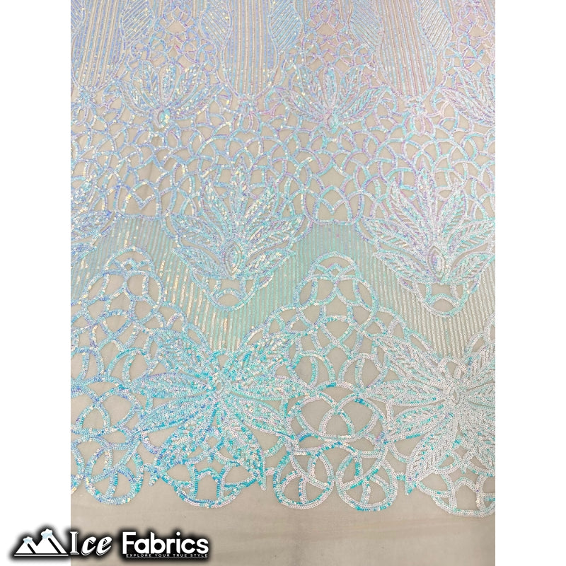 New Geometric 4 Way Stretch Sequin Fabric (20 Colors) ICE FABRICS Iridescent Baby Blue on Nude Mesh