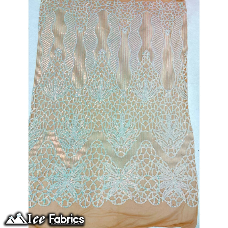 New Geometric 4 Way Stretch Sequin Fabric (20 Colors) ICE FABRICS Iridescent Baby Blue on Skin Mesh