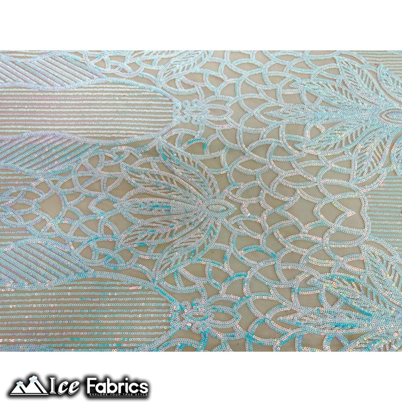 New Geometric 4 Way Stretch Sequin Fabric (20 Colors) ICE FABRICS Iridescent Baby Blue on Skin Mesh
