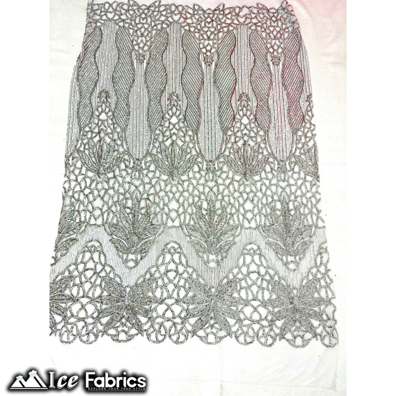 New Geometric 4 Way Stretch Sequin Fabric (20 Colors) ICE FABRICS Silver on White Mesh