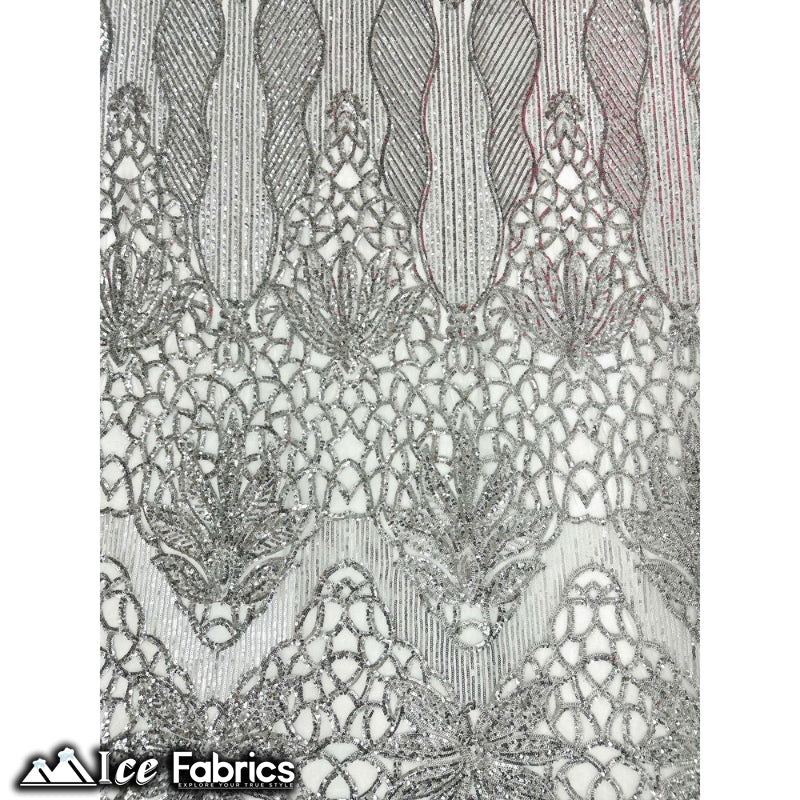 New Geometric 4 Way Stretch Sequin Fabric (20 Colors) ICE FABRICS Silver on White Mesh