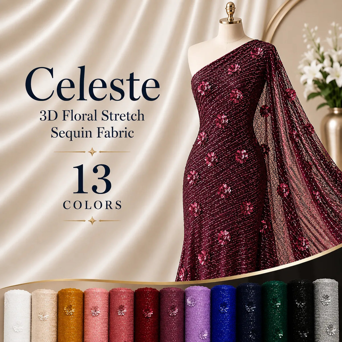 Celeste 3D Floral Stretch Sequin Fabric