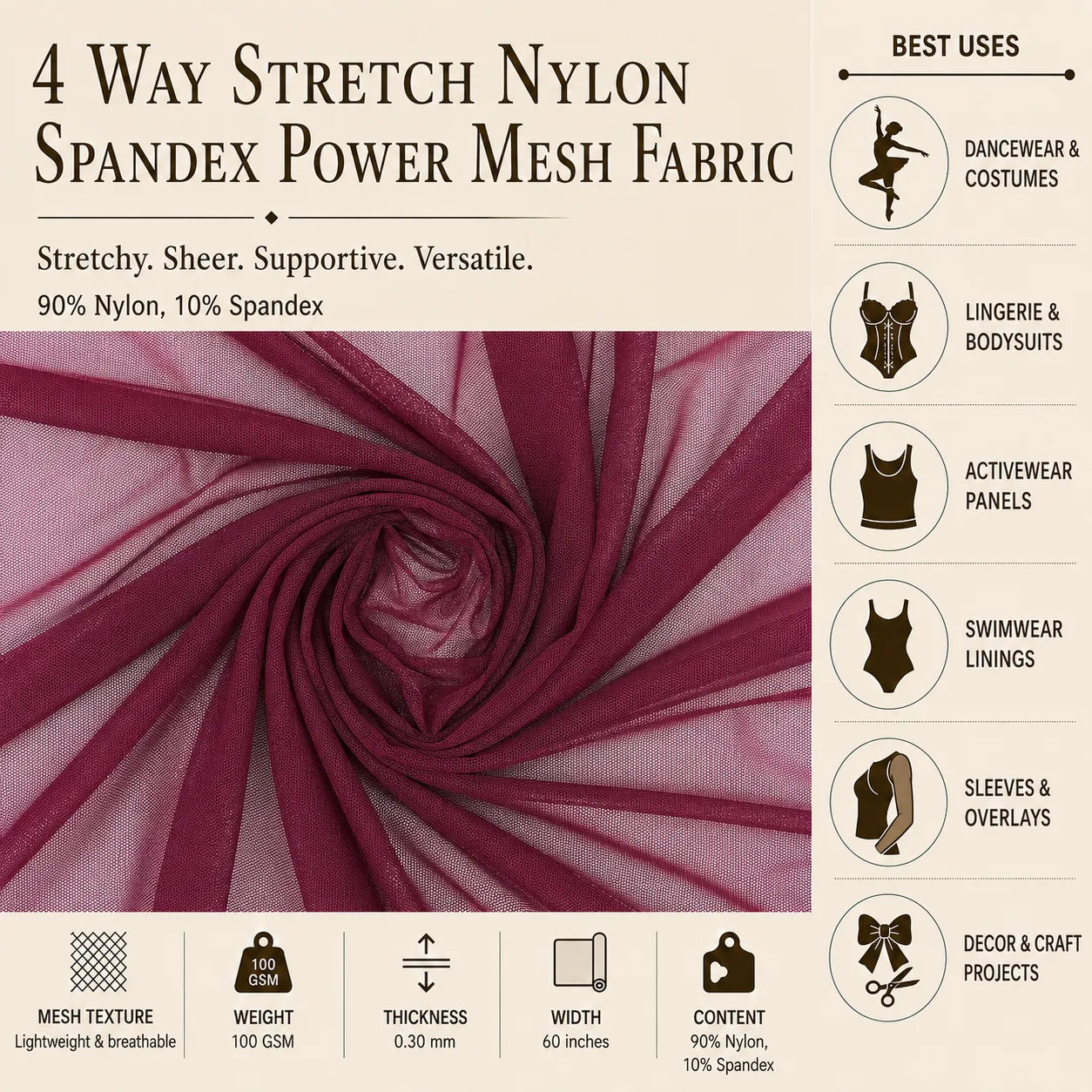 Burgundy 4 Way Stretch Nylon Spandex Power Mesh Fabric