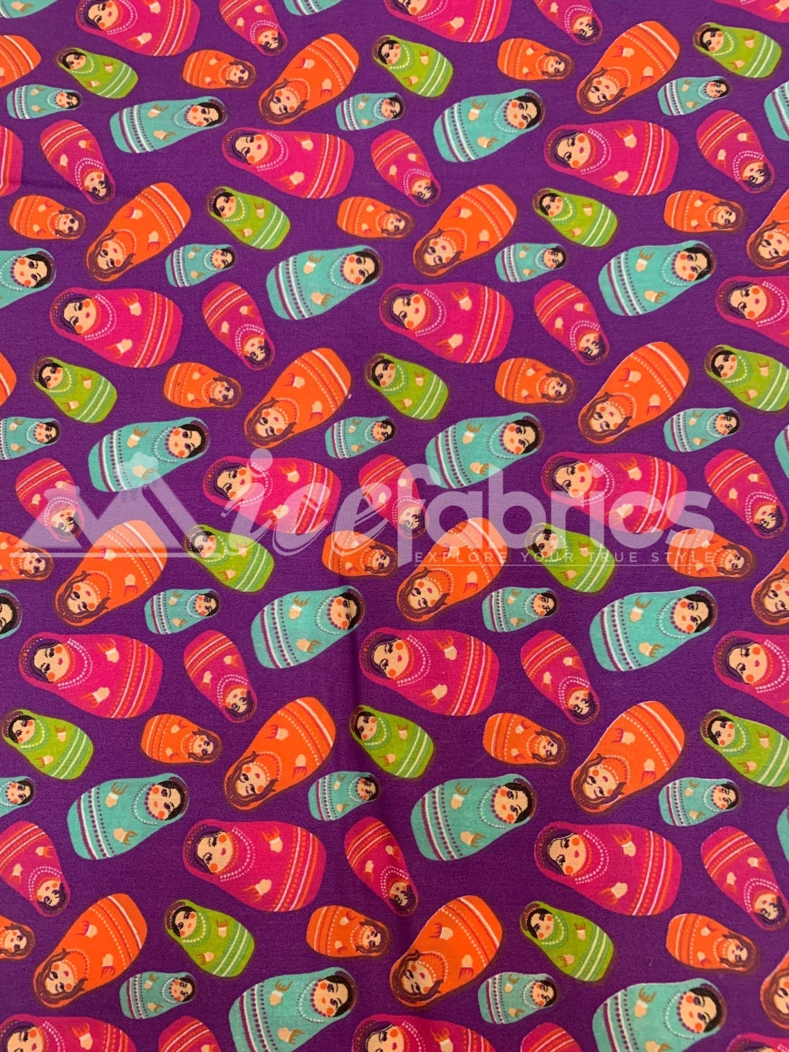 Purple Russian Doll Print Poly Cotton Fabric By The Yard