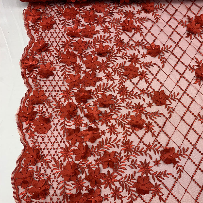 3D Floral Pearl Beaded Embroidery Lace Fabric | Mesh FabricICEFABRICICE FABRICSRed3D Floral Pearl Beaded Embroidery Lace Fabric | Mesh Fabric ICEFABRIC |Red