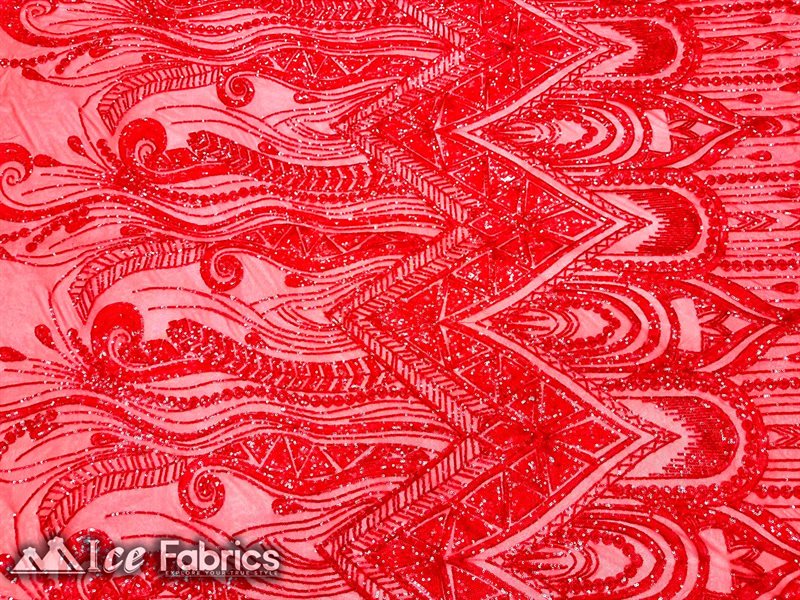 Paisley Lines Sequin Fabric - Red - 4 Way Stretch Fancy Fabric By The