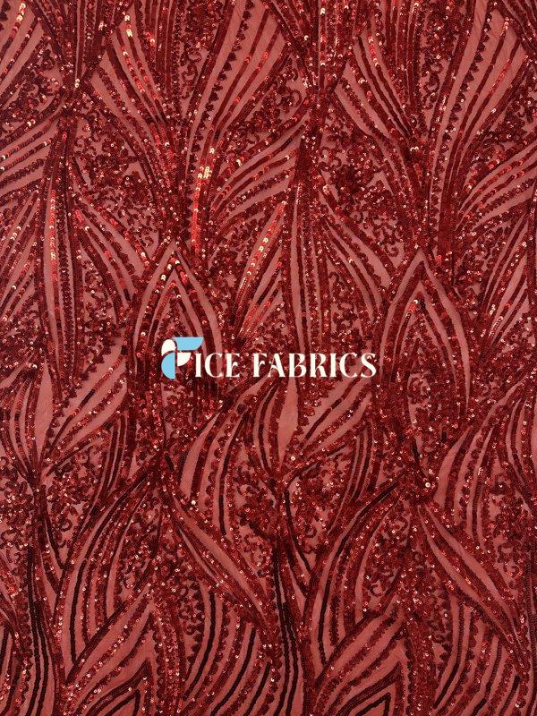 Red Damask Stretch Sequin Fabric On Mesh