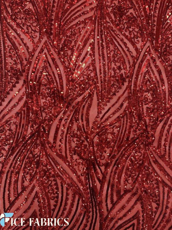 Red Damask Stretch Sequin Fabric On Mesh