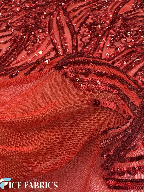 Red Damask Stretch Sequin Fabric On Mesh