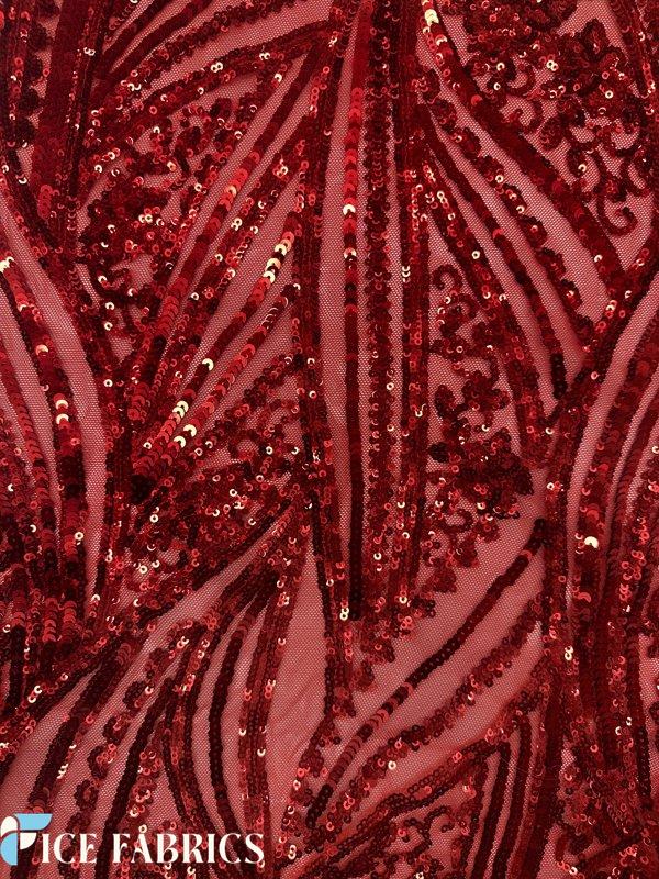 Red Damask Stretch Sequin Fabric On Mesh